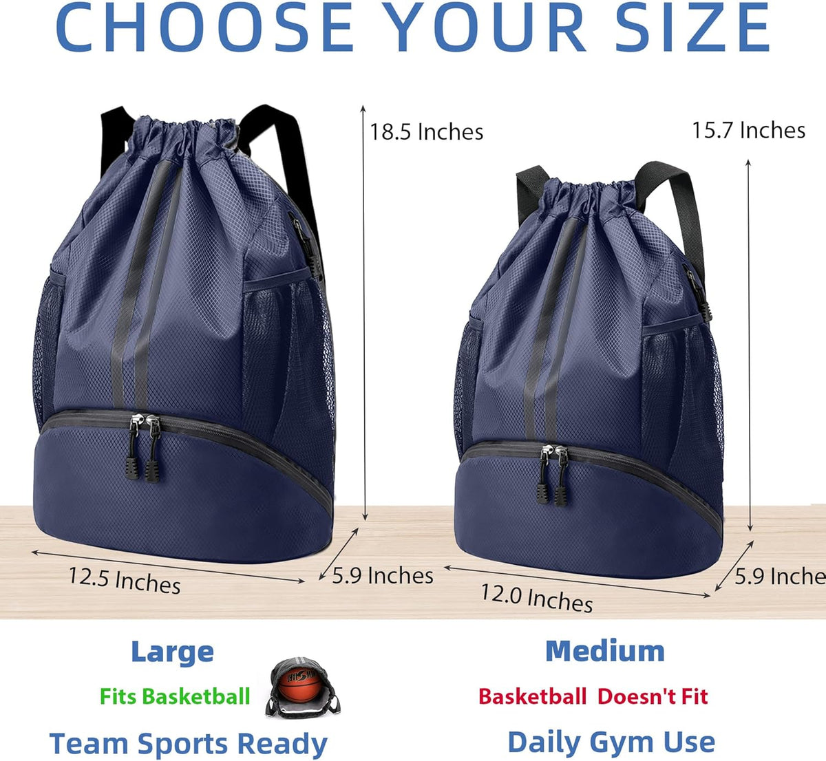 Drawstring Backpack Gym Bag with Shoes Compartment for Soccer, Basketball, Swim, Water-Resistant String Backpack Beach Cinch for Women Men