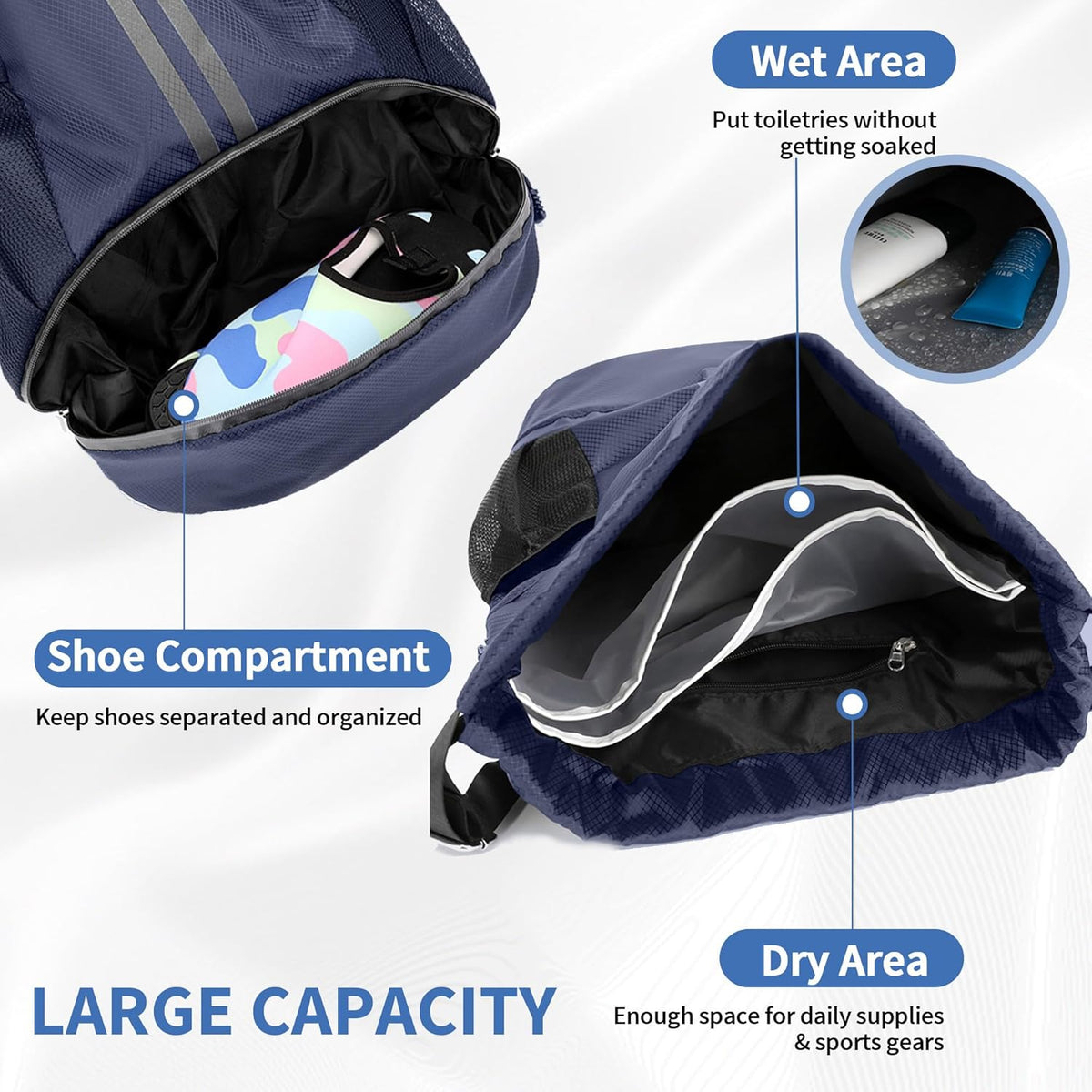 Drawstring Backpack Gym Bag with Shoes Compartment for Soccer, Basketball, Swim, Water-Resistant String Backpack Beach Cinch for Women Men