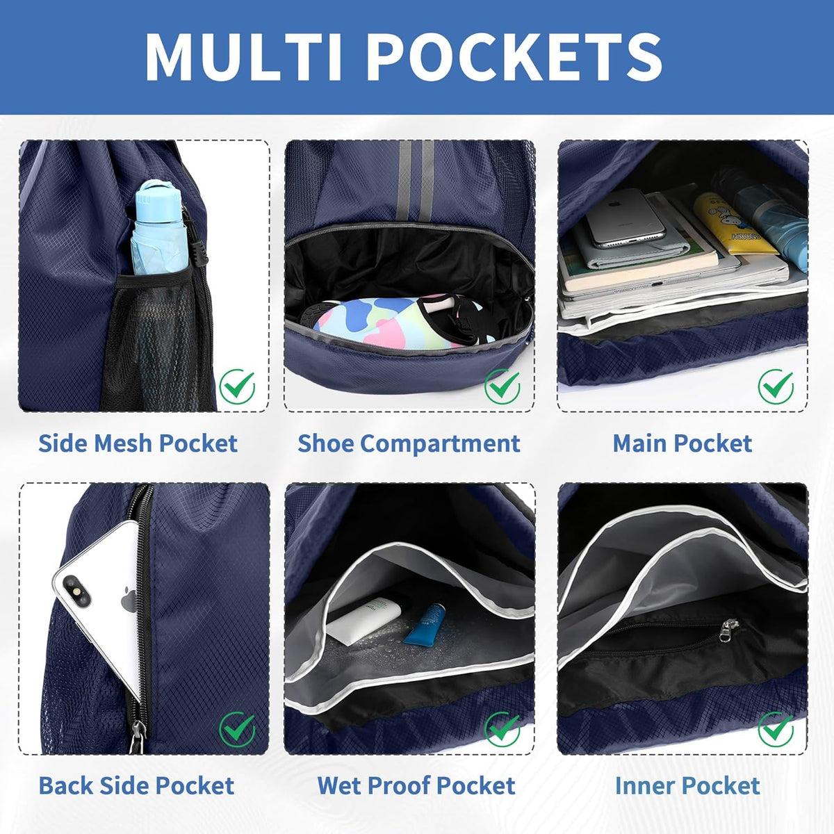 Drawstring Backpack Gym Bag with Shoes Compartment for Soccer, Basketball, Swim, Water-Resistant String Backpack Beach Cinch for Women Men