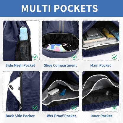 Drawstring Backpack Gym Bag with Shoes Compartment for Soccer, Basketball, Swim, Water-Resistant String Backpack Beach Cinch for Women Men
