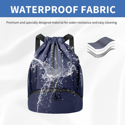 Drawstring Backpack Gym Bag with Shoes Compartment for Soccer, Basketball, Swim, Water-Resistant String Backpack Beach Cinch for Women Men