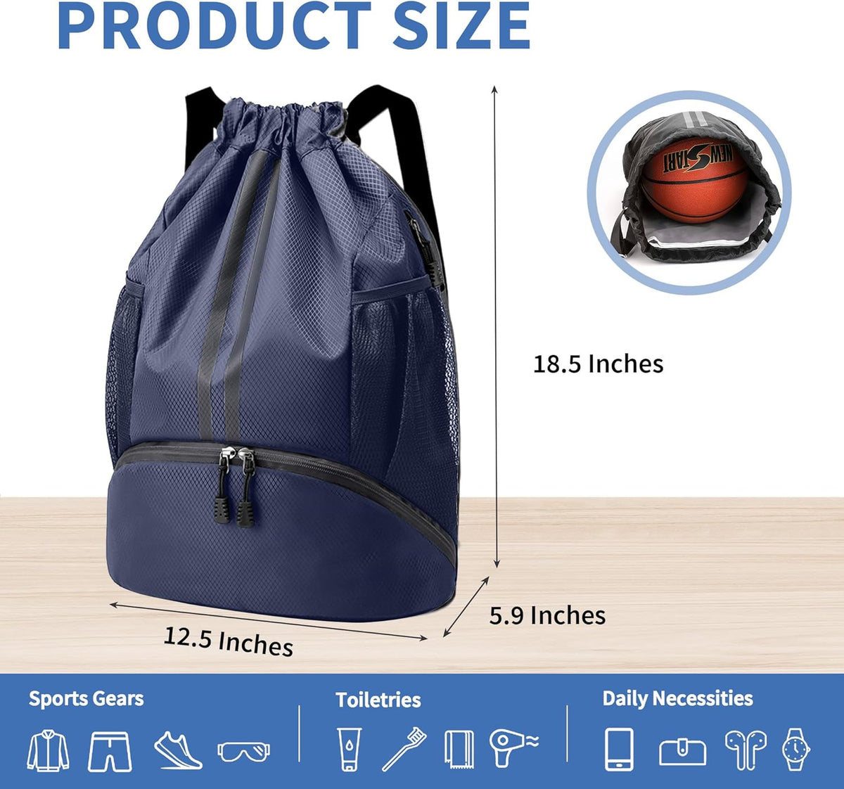 Drawstring Backpack Gym Bag with Shoes Compartment for Soccer, Basketball, Swim, Water-Resistant String Backpack Beach Cinch for Women Men