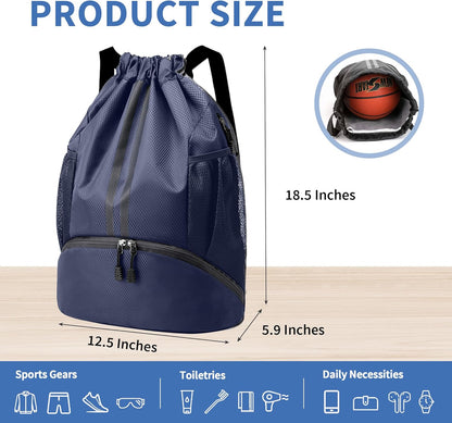 Drawstring Backpack Gym Bag with Shoes Compartment for Soccer, Basketball, Swim, Water-Resistant String Backpack Beach Cinch for Women Men