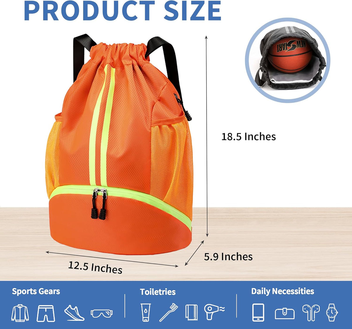 Drawstring Backpack Gym Bag with Shoes Compartment for Soccer, Basketball, Swim, Water-Resistant String Backpack Beach Cinch for Women Men