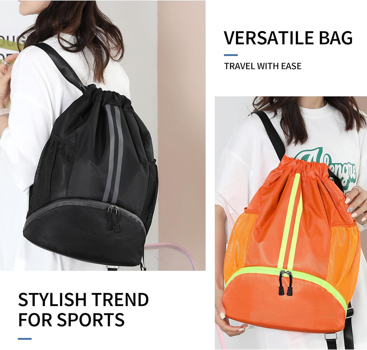 Drawstring Backpack Gym Bag with Shoes Compartment for Soccer, Basketball, Swim, Water-Resistant String Backpack Beach Cinch for Women Men