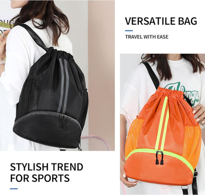 Drawstring Backpack Gym Bag with Shoes Compartment for Soccer, Basketball, Swim, Water-Resistant String Backpack Beach Cinch for Women Men