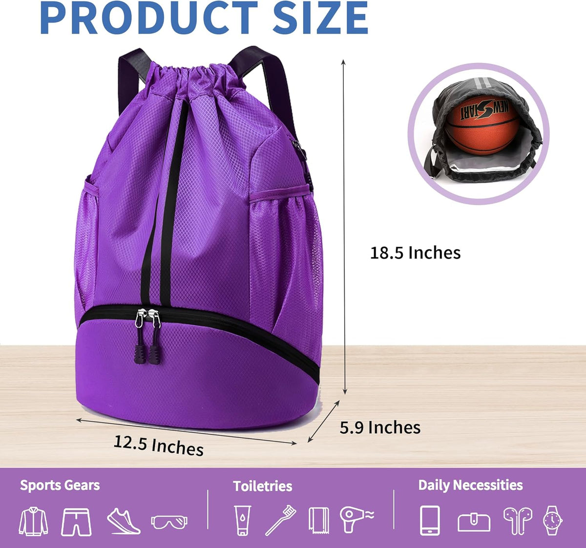 Drawstring Backpack Gym Bag with Shoes Compartment for Soccer, Basketball, Swim, Water-Resistant String Backpack Beach Cinch for Women Men