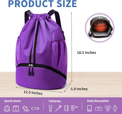Drawstring Backpack Gym Bag with Shoes Compartment for Soccer, Basketball, Swim, Water-Resistant String Backpack Beach Cinch for Women Men