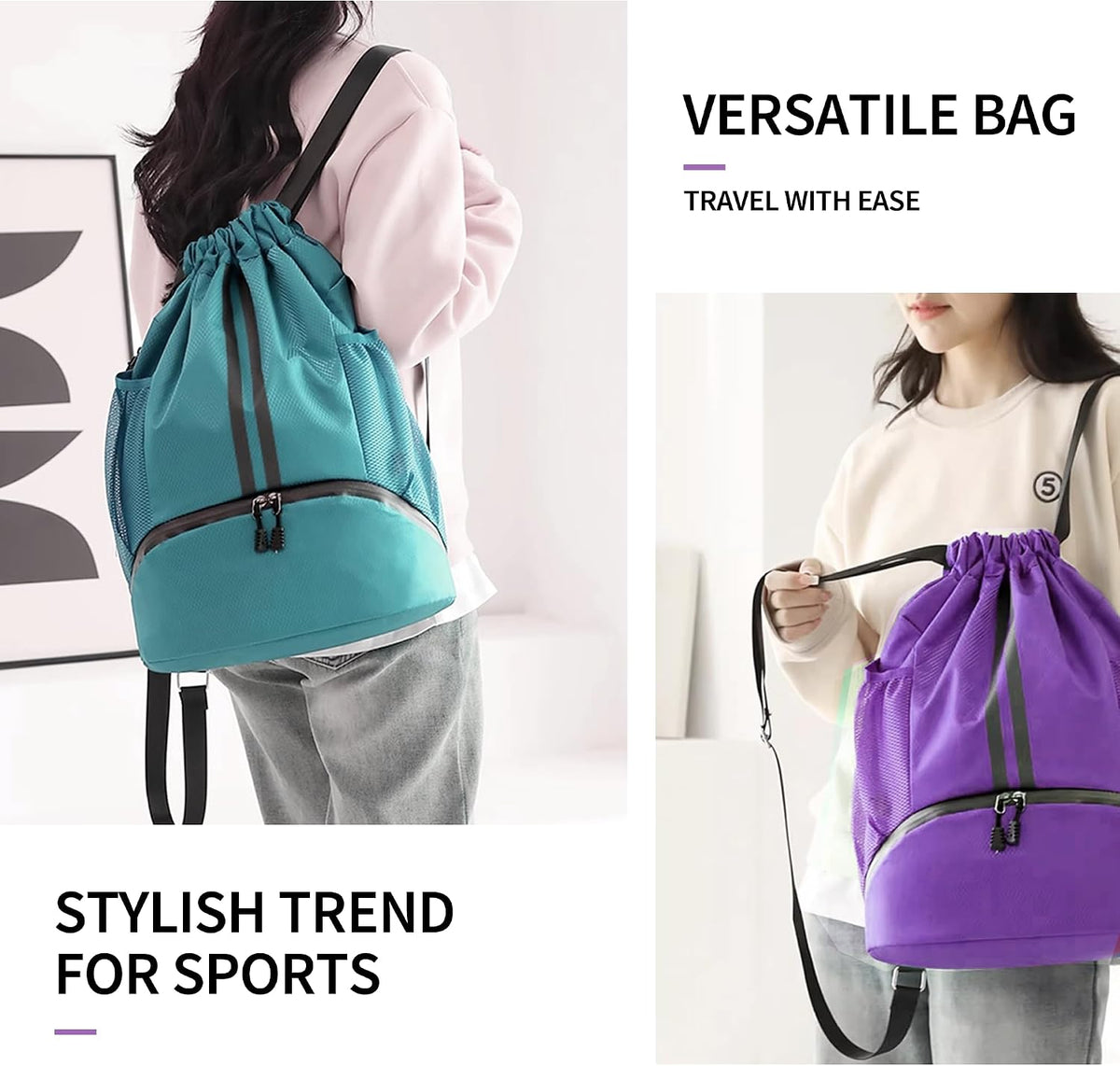 Drawstring Backpack Gym Bag with Shoes Compartment for Soccer, Basketball, Swim, Water-Resistant String Backpack Beach Cinch for Women Men