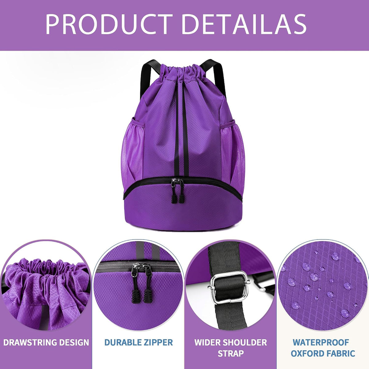 Drawstring Backpack Gym Bag with Shoes Compartment for Soccer, Basketball, Swim, Water-Resistant String Backpack Beach Cinch for Women Men