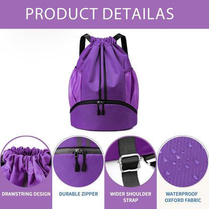 Drawstring Backpack Gym Bag with Shoes Compartment for Soccer, Basketball, Swim, Water-Resistant String Backpack Beach Cinch for Women Men