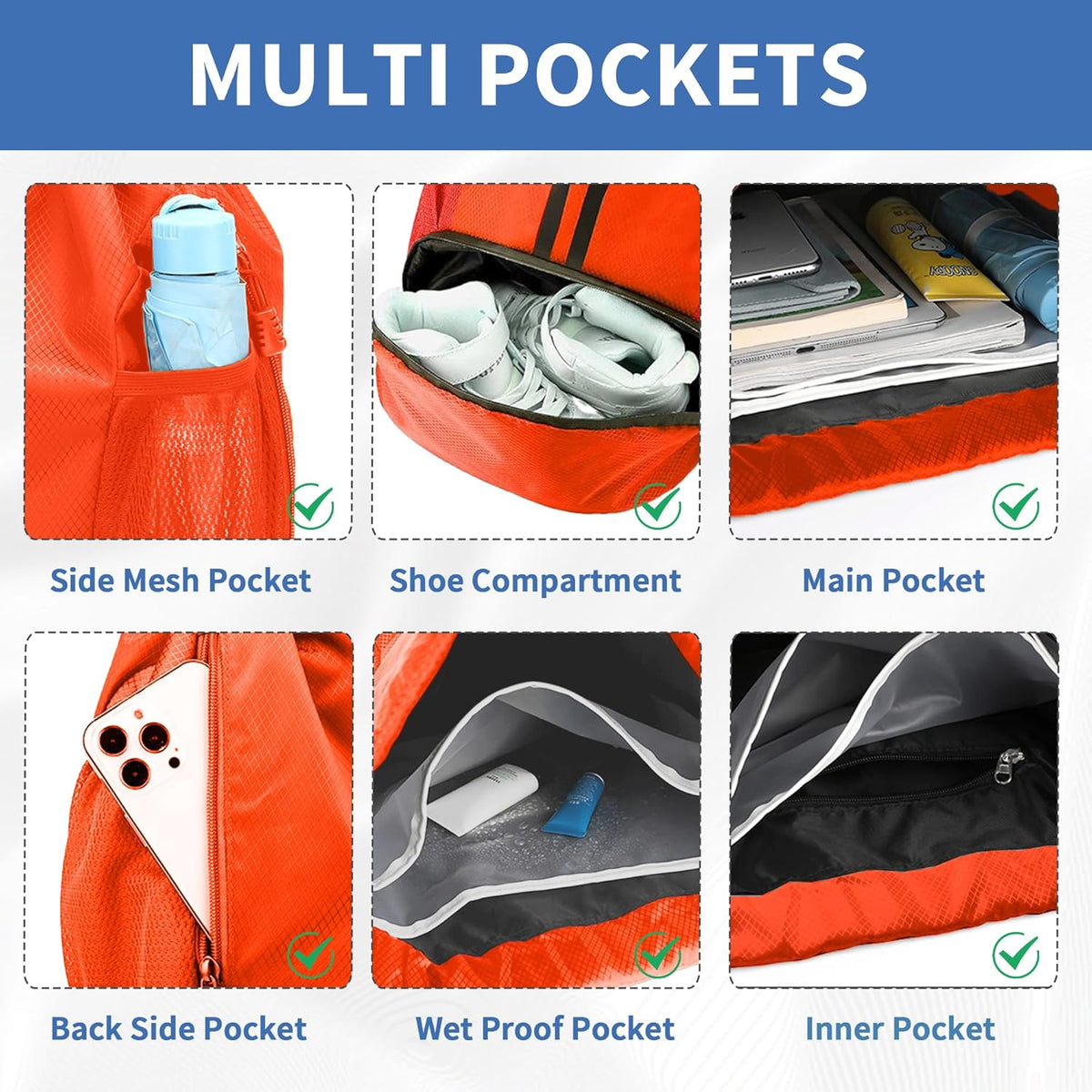 Drawstring Backpack Gym Bag with Shoes Compartment for Soccer, Basketball, Swim, Water-Resistant String Backpack Beach Cinch for Women Men