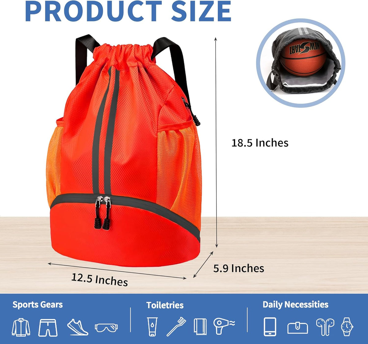 Drawstring Backpack Gym Bag with Shoes Compartment for Soccer, Basketball, Swim, Water-Resistant String Backpack Beach Cinch for Women Men