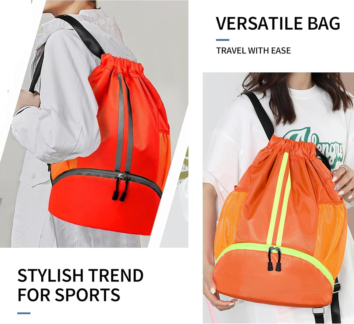 Drawstring Backpack Gym Bag with Shoes Compartment for Soccer, Basketball, Swim, Water-Resistant String Backpack Beach Cinch for Women Men