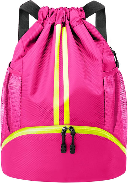 Drawstring Backpack Gym Bag with Shoes Compartment for Soccer, Basketball, Swim, Water-Resistant String Backpack Beach Cinch for Women Men