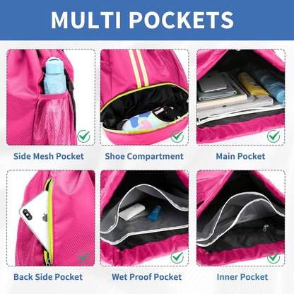 Drawstring Backpack Gym Bag with Shoes Compartment for Soccer, Basketball, Swim, Water-Resistant String Backpack Beach Cinch for Women Men