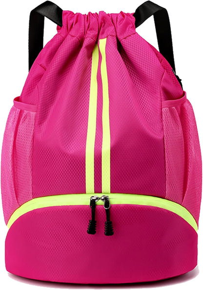 Drawstring Backpack Gym Bag with Shoes Compartment for Soccer, Basketball, Swim, Water-Resistant String Backpack Beach Cinch for Women Men