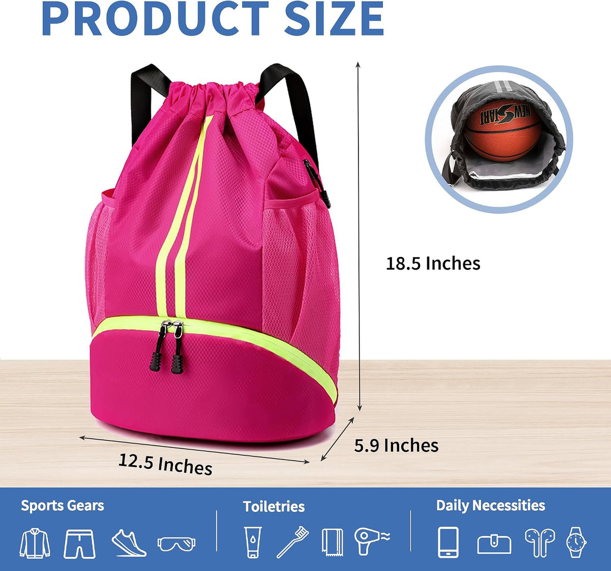 Drawstring Backpack Gym Bag with Shoes Compartment for Soccer, Basketball, Swim, Water-Resistant String Backpack Beach Cinch for Women Men