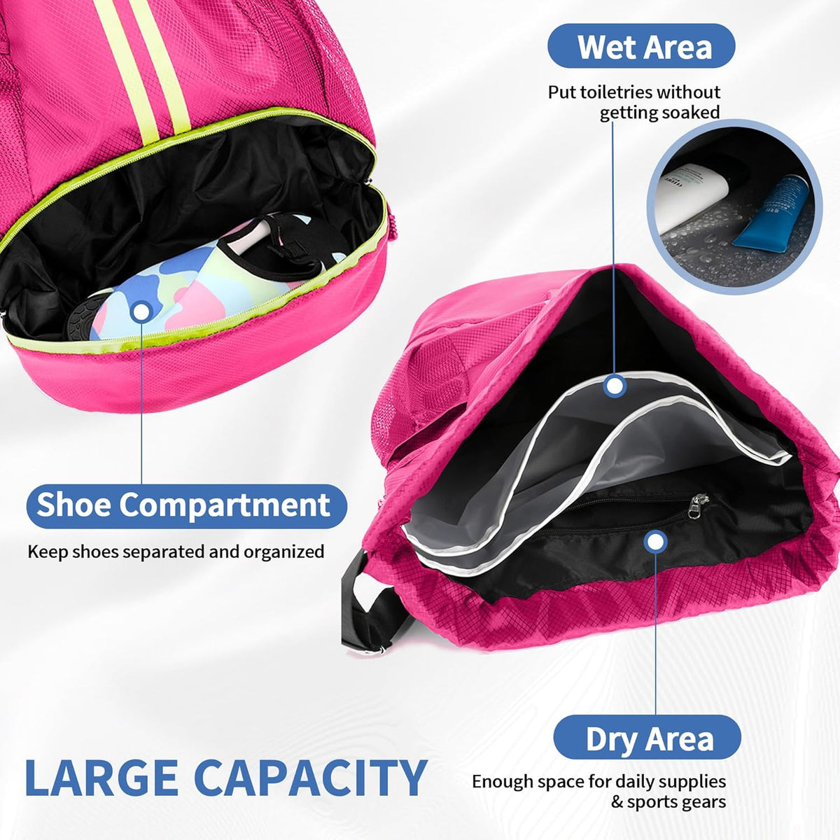 Drawstring Backpack Gym Bag with Shoes Compartment for Soccer, Basketball, Swim, Water-Resistant String Backpack Beach Cinch for Women Men