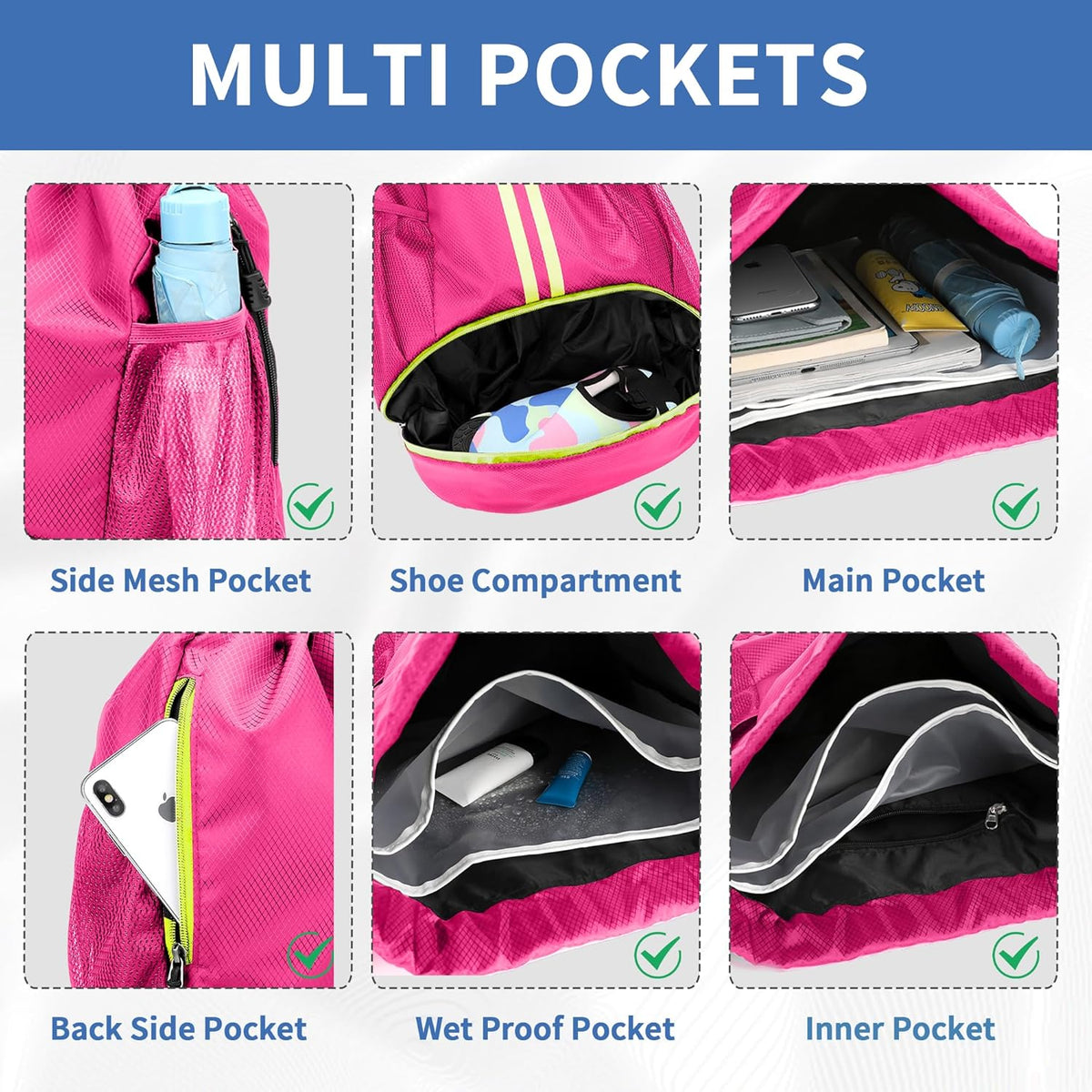 Drawstring Backpack Gym Bag with Shoes Compartment for Soccer, Basketball, Swim, Water-Resistant String Backpack Beach Cinch for Women Men