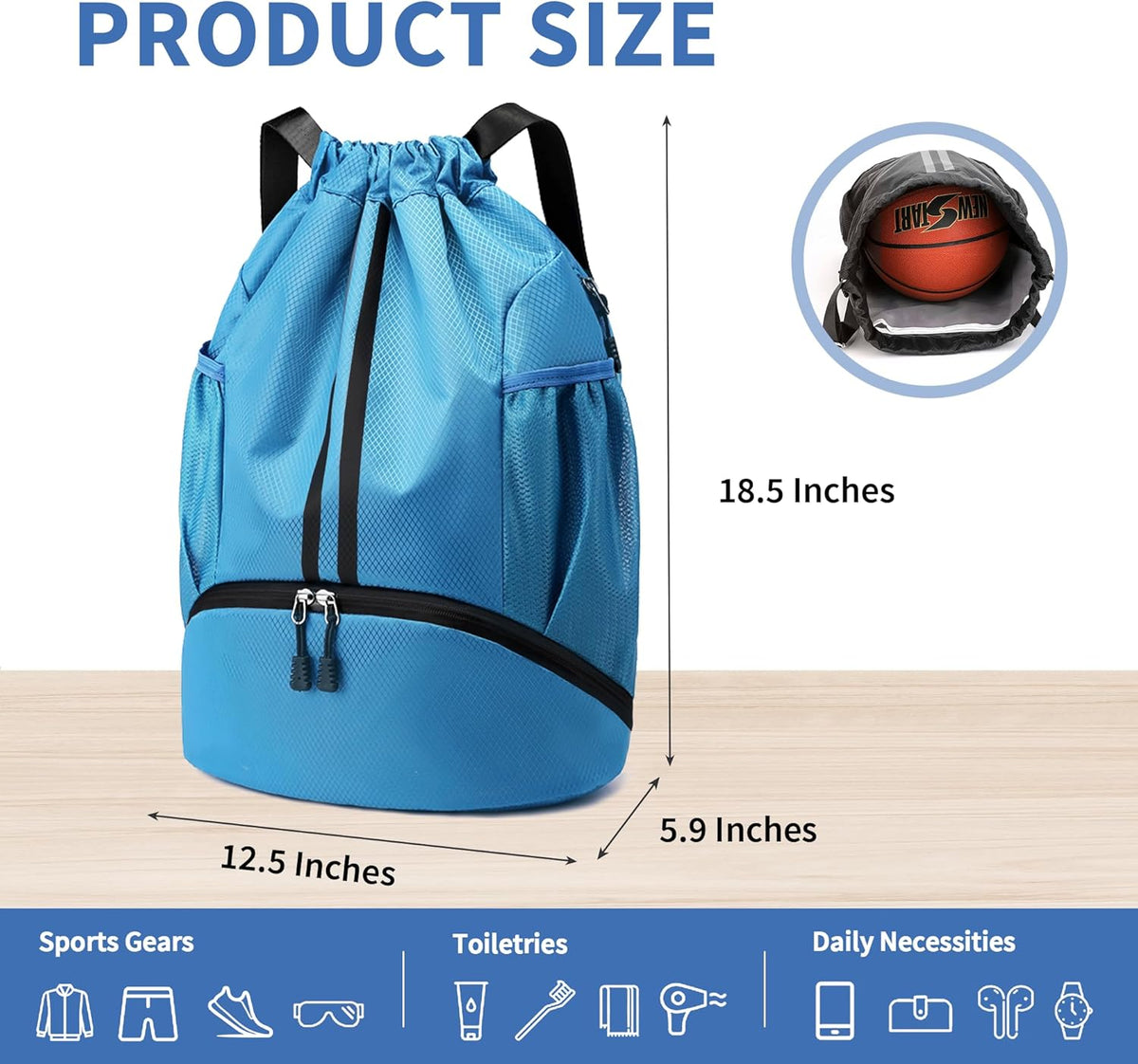 Drawstring Backpack Gym Bag with Shoes Compartment for Soccer, Basketball, Swim, Water-Resistant String Backpack Beach Cinch for Women Men