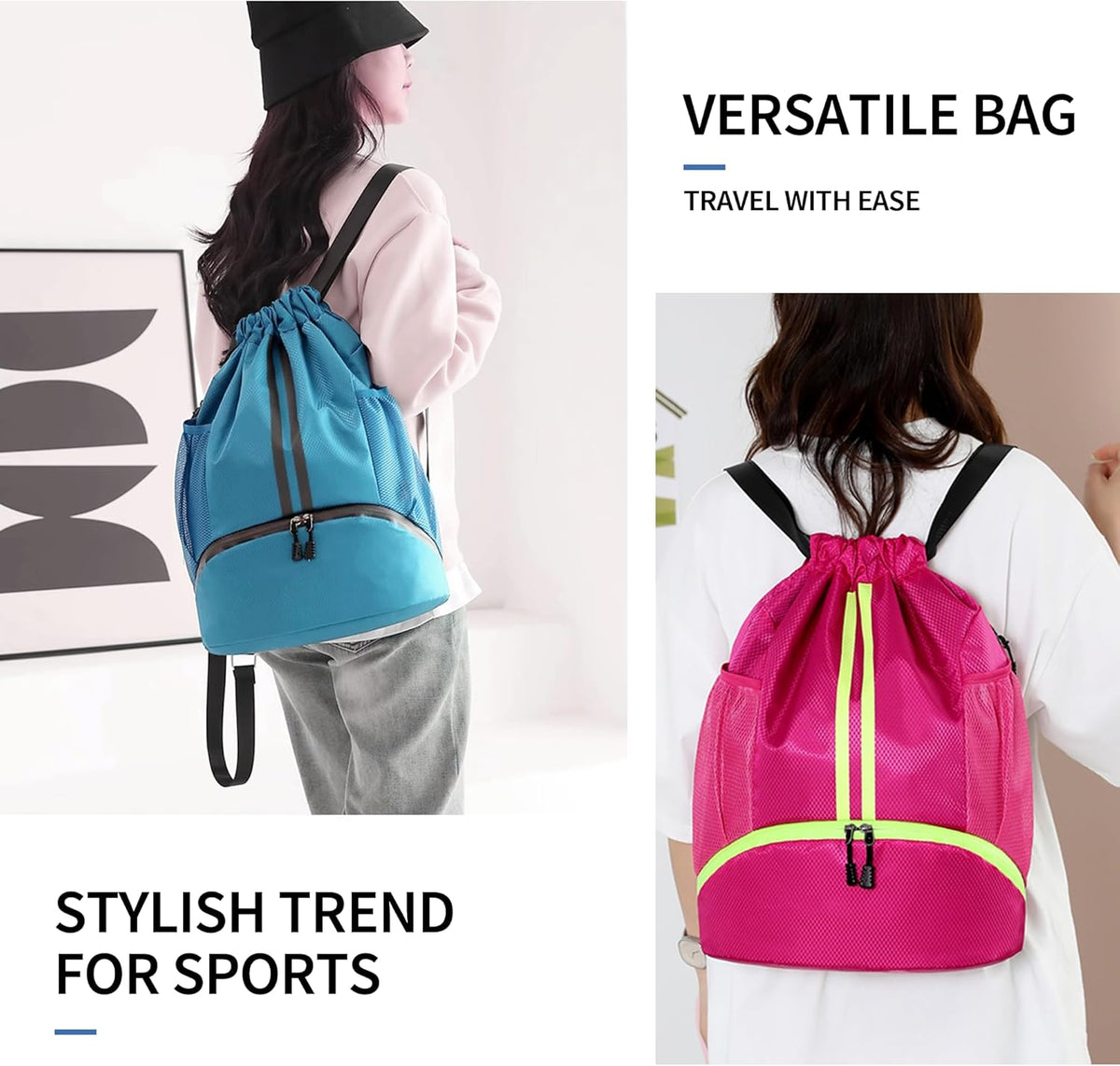 Drawstring Backpack Gym Bag with Shoes Compartment for Soccer, Basketball, Swim, Water-Resistant String Backpack Beach Cinch for Women Men
