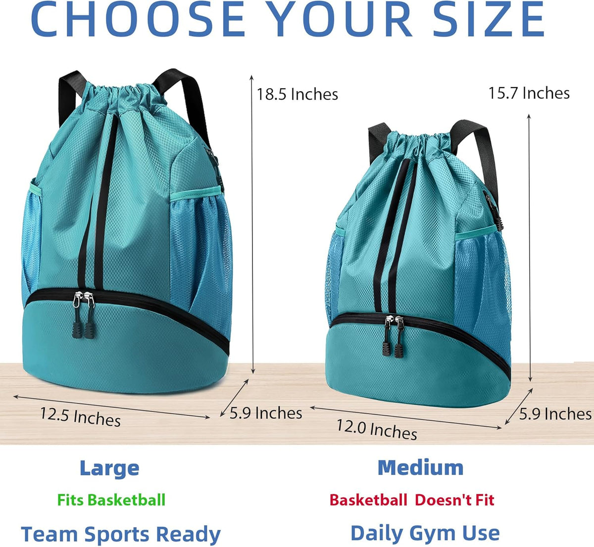 Drawstring Backpack Gym Bag with Shoes Compartment for Soccer, Basketball, Swim, Water-Resistant String Backpack Beach Cinch for Women Men