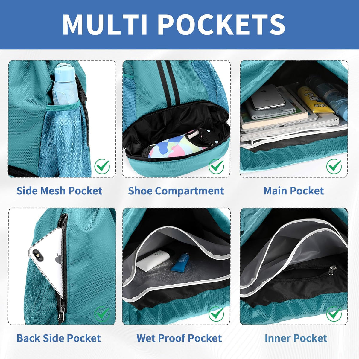 Drawstring Backpack Gym Bag with Shoes Compartment for Soccer, Basketball, Swim, Water-Resistant String Backpack Beach Cinch for Women Men