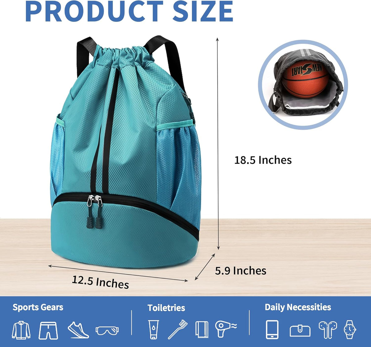 Drawstring Backpack Gym Bag with Shoes Compartment for Soccer, Basketball, Swim, Water-Resistant String Backpack Beach Cinch for Women Men