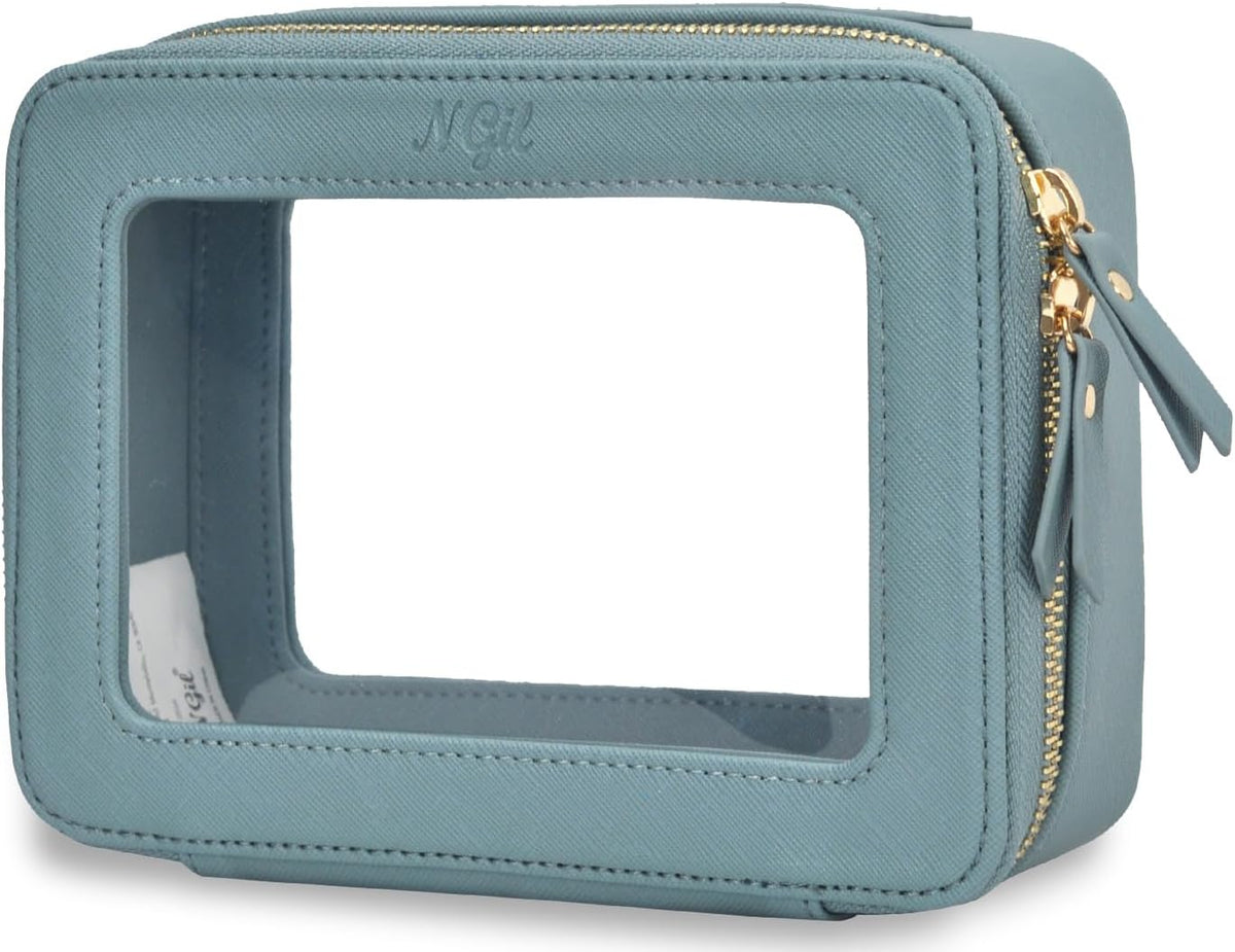 Clear Faux Leather Travel Toiletry Bag, Makeup Bag Organizer for Women, Clear Window & Gold Zipper Makeup Bag, Road Trip Essential, Skincare, Cruise Ship Essentials (Blue)