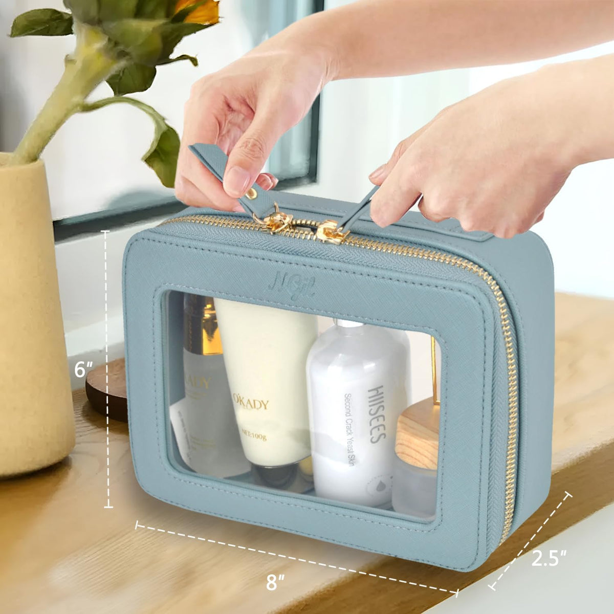 Clear Faux Leather Travel Toiletry Bag, Makeup Bag Organizer for Women, Clear Window & Gold Zipper Makeup Bag, Road Trip Essential, Skincare, Cruise Ship Essentials (Blue)
