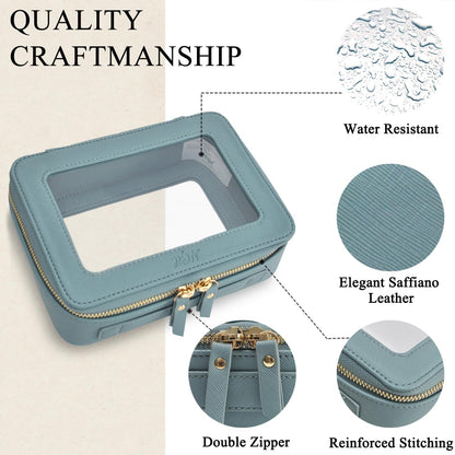 Clear Faux Leather Travel Toiletry Bag, Makeup Bag Organizer for Women, Clear Window & Gold Zipper Makeup Bag, Road Trip Essential, Skincare, Cruise Ship Essentials (Blue)