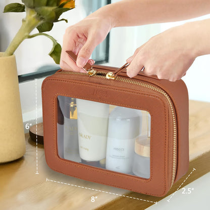 Clear Faux Leather Travel Toiletry Bag, Makeup Bag Organizer for Women, Clear Window & Gold Zipper Makeup Bag, Road Trip Essential, Skincare, Cruise Ship Essentials (Blue)