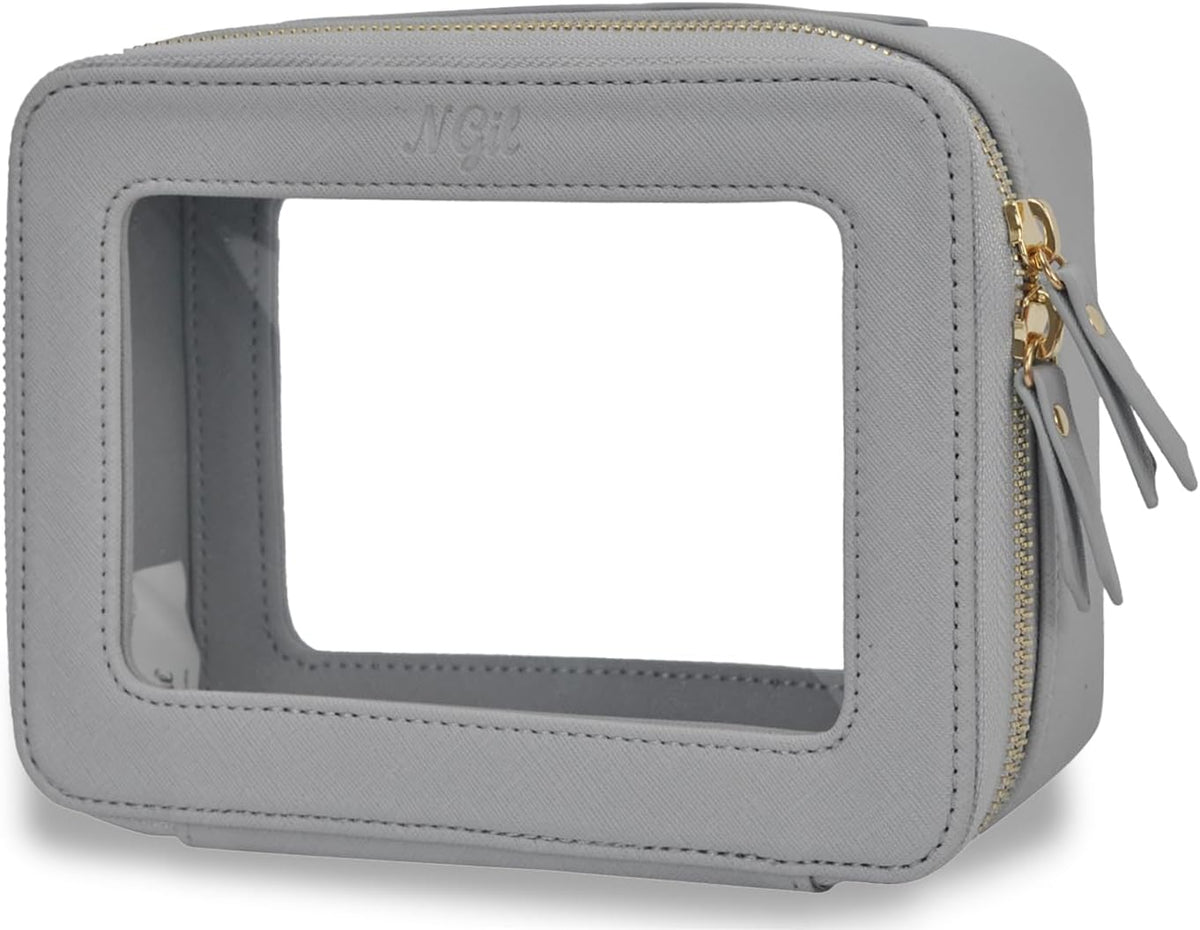 Clear Faux Leather Travel Toiletry Bag, Makeup Bag Organizer for Women, Clear Window & Gold Zipper Makeup Bag, Road Trip Essential, Skincare, Cruise Ship Essentials (Blue)