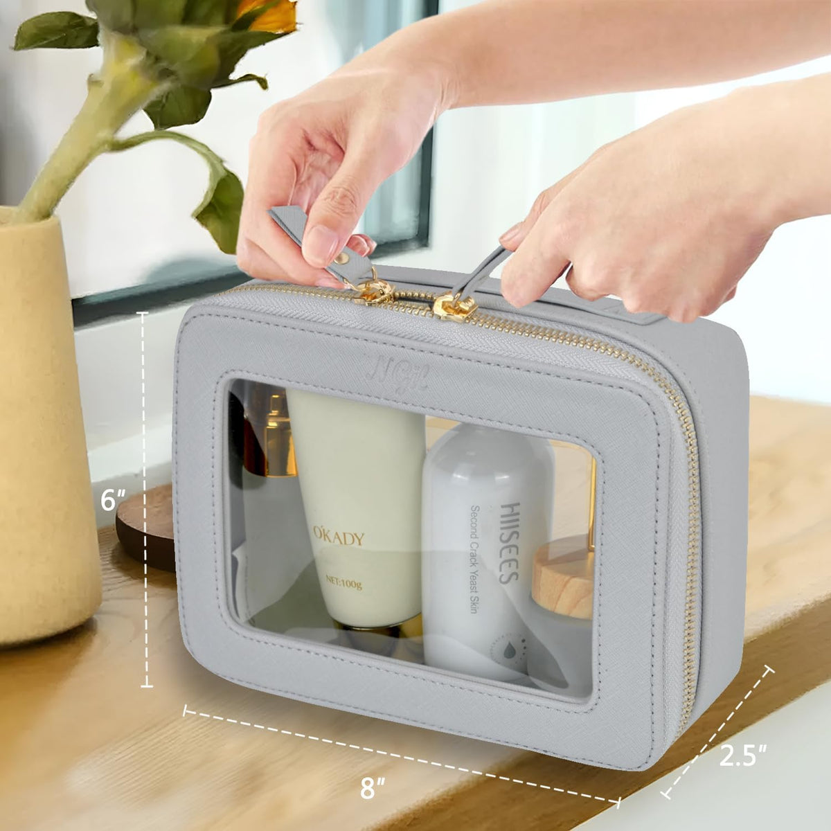 Clear Faux Leather Travel Toiletry Bag, Makeup Bag Organizer for Women, Clear Window & Gold Zipper Makeup Bag, Road Trip Essential, Skincare, Cruise Ship Essentials (Blue)