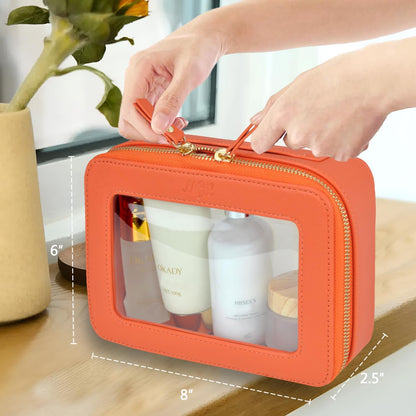 Clear Faux Leather Travel Toiletry Bag, Makeup Bag Organizer for Women, Clear Window & Gold Zipper Makeup Bag, Road Trip Essential, Skincare, Cruise Ship Essentials (Blue)