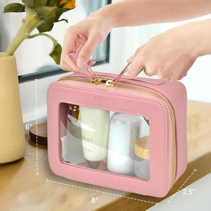 Clear Faux Leather Travel Toiletry Bag, Makeup Bag Organizer for Women, Clear Window & Gold Zipper Makeup Bag, Road Trip Essential, Skincare, Cruise Ship Essentials (Blue)