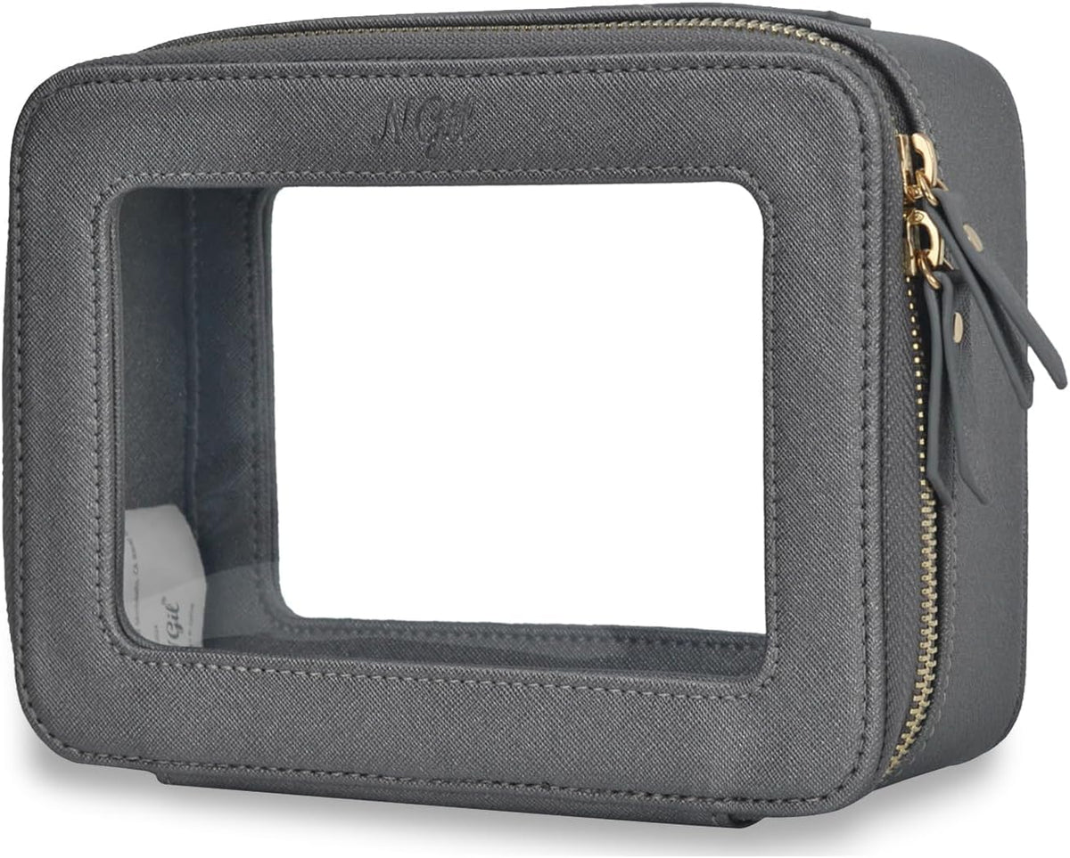 Clear Faux Leather Travel Toiletry Bag, Makeup Bag Organizer for Women, Clear Window & Gold Zipper Makeup Bag, Road Trip Essential, Skincare, Cruise Ship Essentials (Blue)