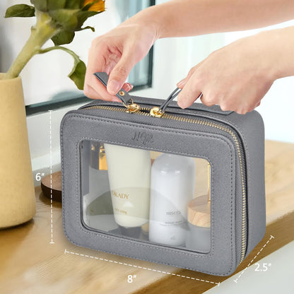 Clear Faux Leather Travel Toiletry Bag, Makeup Bag Organizer for Women, Clear Window & Gold Zipper Makeup Bag, Road Trip Essential, Skincare, Cruise Ship Essentials (Blue)