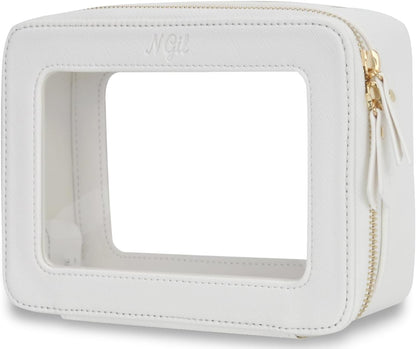 Clear Faux Leather Travel Toiletry Bag, Makeup Bag Organizer for Women, Clear Window & Gold Zipper Makeup Bag, Road Trip Essential, Skincare, Cruise Ship Essentials (Blue)