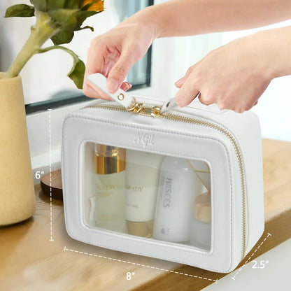 Clear Faux Leather Travel Toiletry Bag, Makeup Bag Organizer for Women, Clear Window & Gold Zipper Makeup Bag, Road Trip Essential, Skincare, Cruise Ship Essentials (Blue)