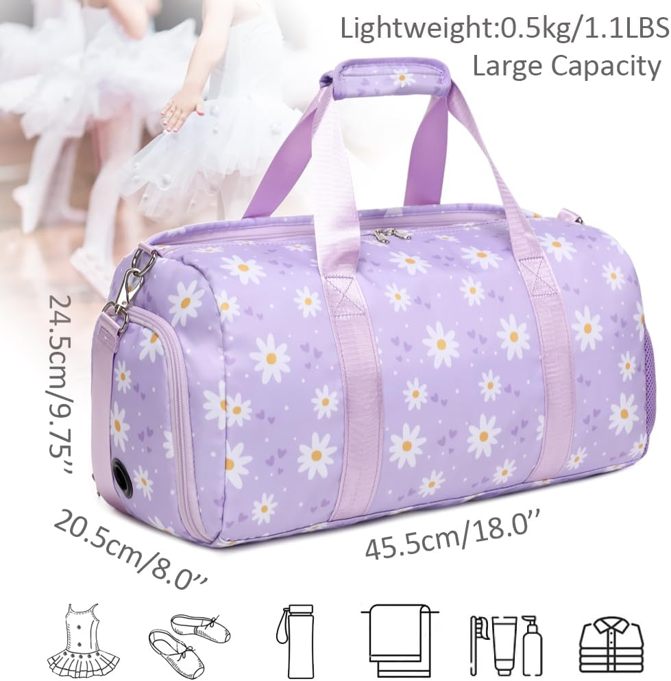 Duffle Bag for Girls Fluffy Dance Bag for Girls Ballet Bag Girls Sports Gym Bag Water Resistant Travel Duffle Bags with Shoes Compartment Wet Pocket
