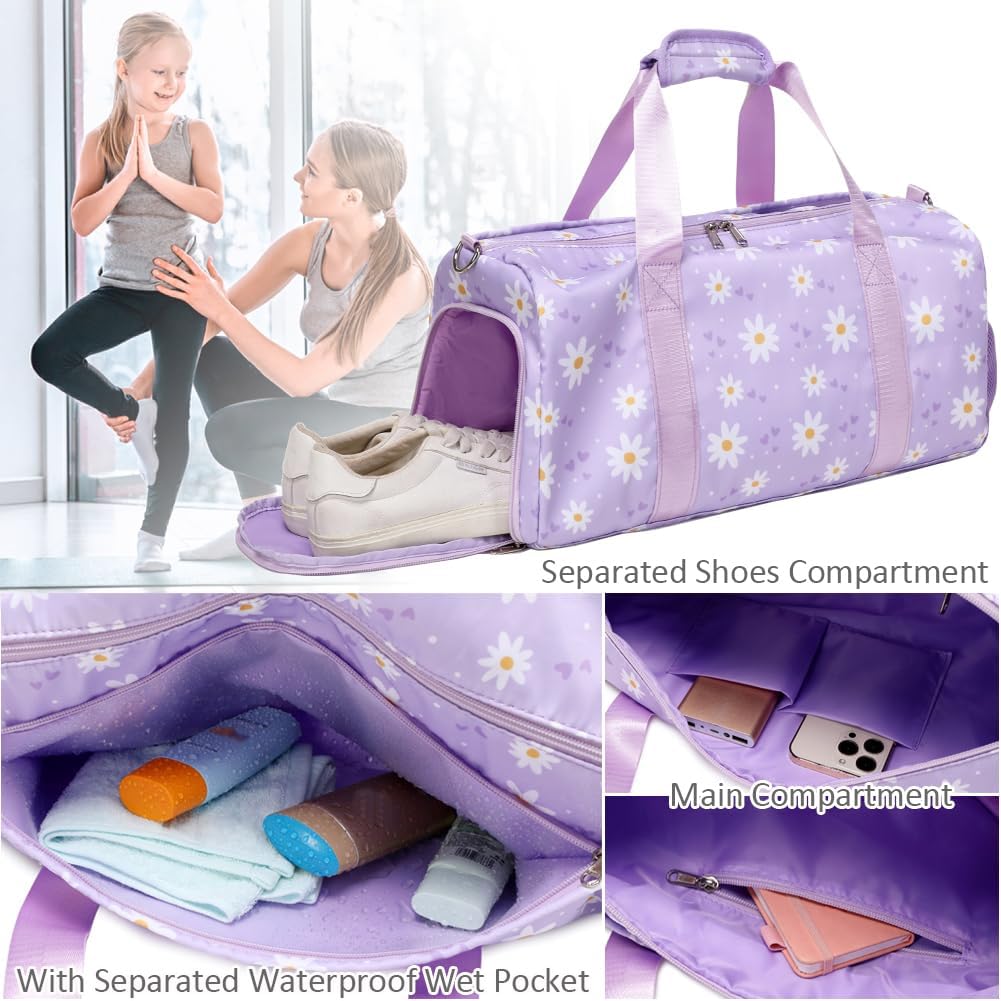 Duffle Bag for Girls Fluffy Dance Bag for Girls Ballet Bag Girls Sports Gym Bag Water Resistant Travel Duffle Bags with Shoes Compartment Wet Pocket