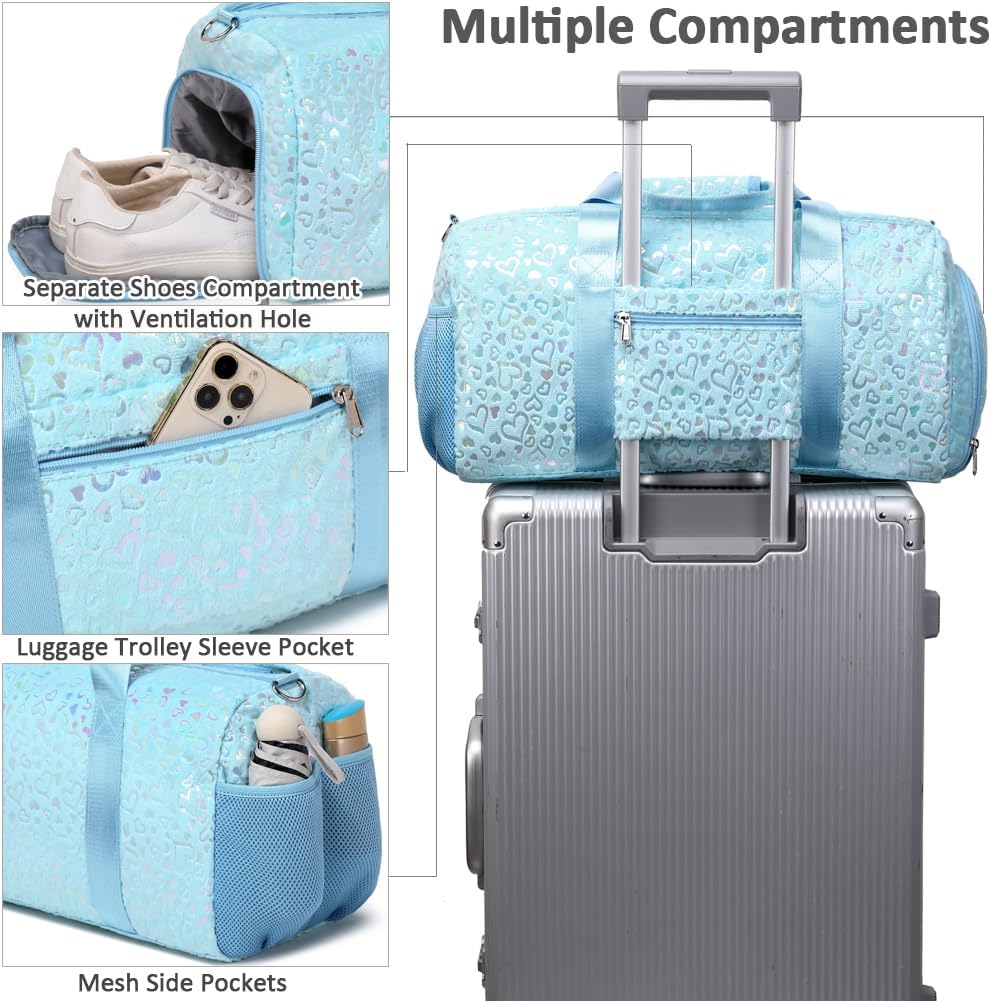 Duffle Bag for Girls Fluffy Dance Bag for Girls Ballet Bag Girls Sports Gym Bag Water Resistant Travel Duffle Bags with Shoes Compartment Wet Pocket