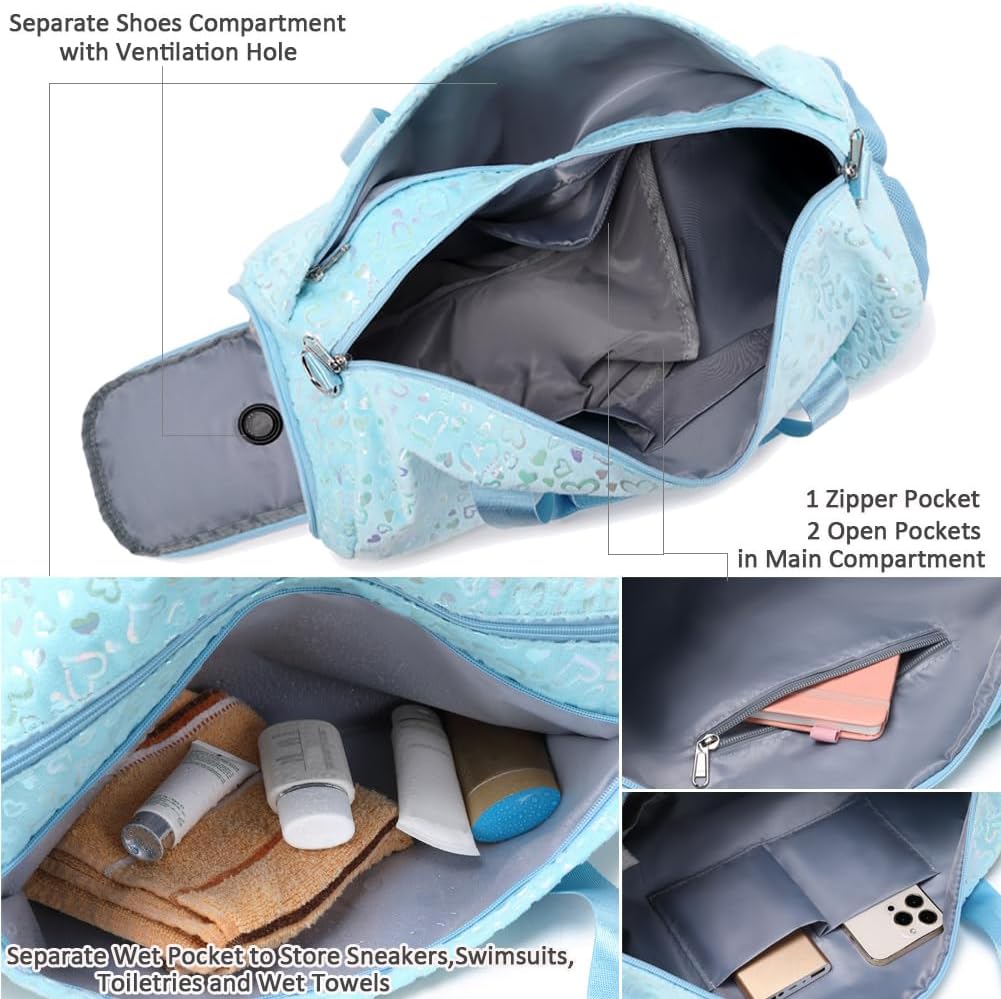 Duffle Bag for Girls Fluffy Dance Bag for Girls Ballet Bag Girls Sports Gym Bag Water Resistant Travel Duffle Bags with Shoes Compartment Wet Pocket