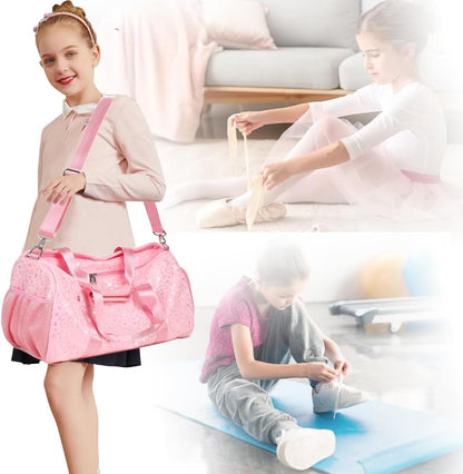 Duffle Bag for Girls Fluffy Dance Bag for Girls Ballet Bag Girls Sports Gym Bag Water Resistant Travel Duffle Bags with Shoes Compartment Wet Pocket