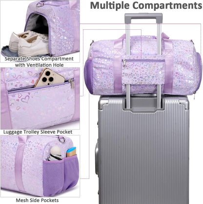 Duffle Bag for Girls Fluffy Dance Bag for Girls Ballet Bag Girls Sports Gym Bag Water Resistant Travel Duffle Bags with Shoes Compartment Wet Pocket