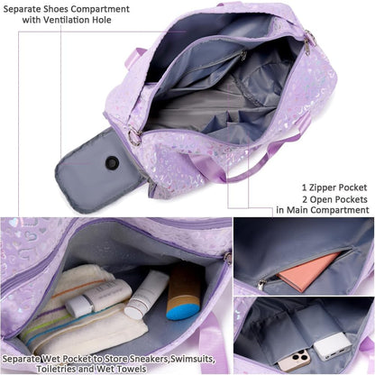 Duffle Bag for Girls Fluffy Dance Bag for Girls Ballet Bag Girls Sports Gym Bag Water Resistant Travel Duffle Bags with Shoes Compartment Wet Pocket