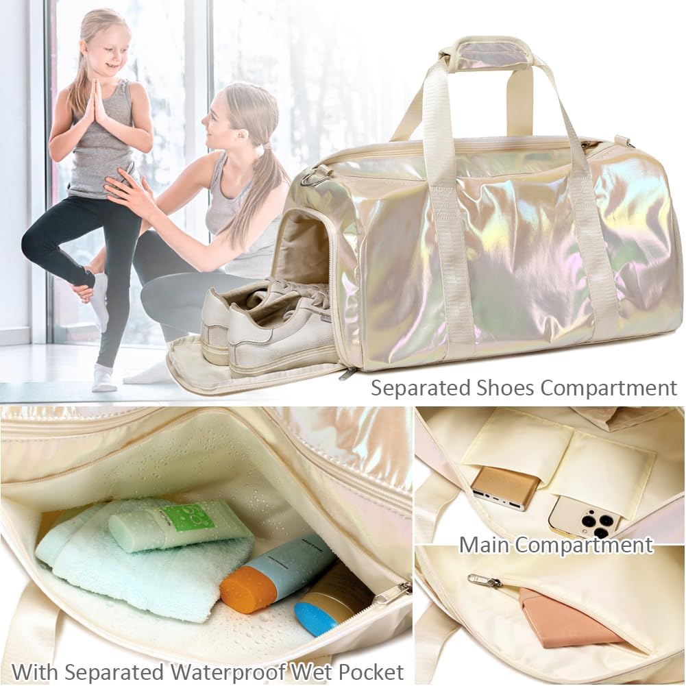 Duffle Bag for Girls Fluffy Dance Bag for Girls Ballet Bag Girls Sports Gym Bag Water Resistant Travel Duffle Bags with Shoes Compartment Wet Pocket