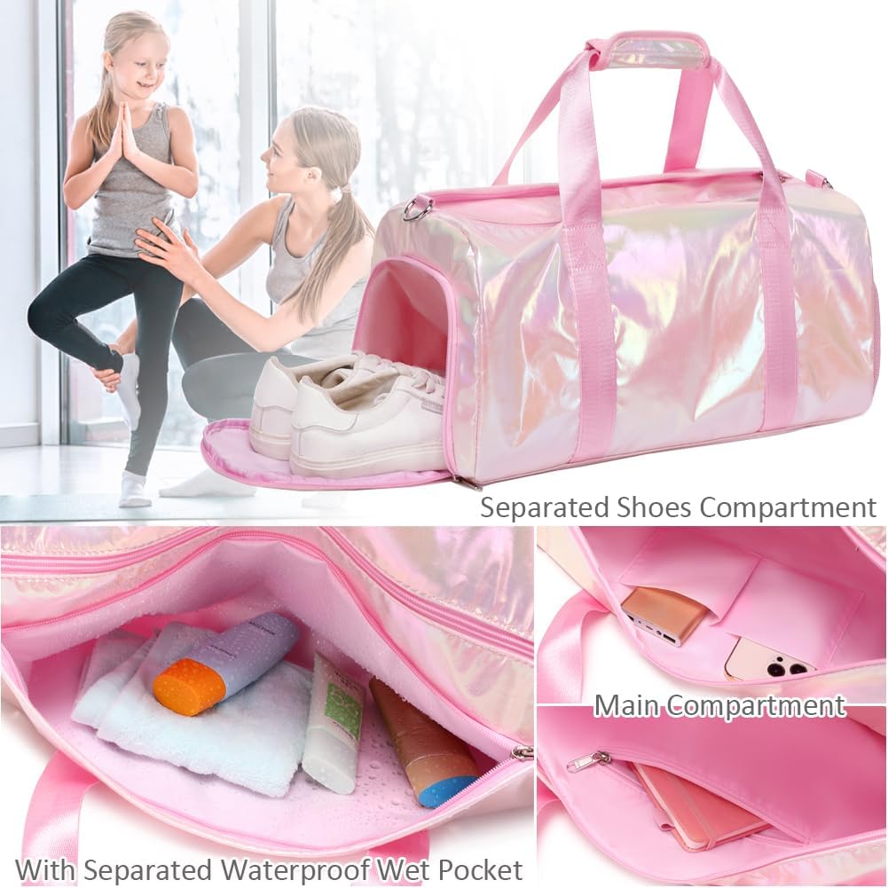 Duffle Bag for Girls Fluffy Dance Bag for Girls Ballet Bag Girls Sports Gym Bag Water Resistant Travel Duffle Bags with Shoes Compartment Wet Pocket
